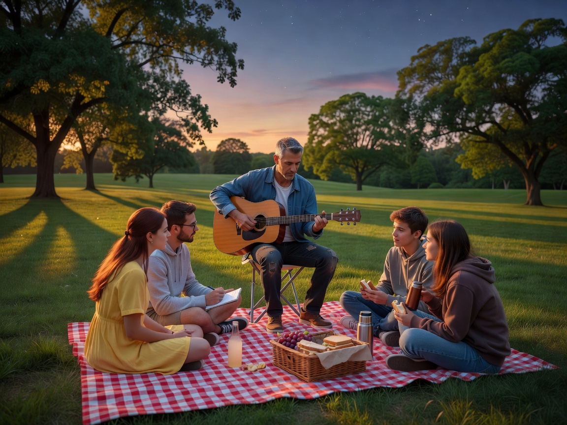 Small group at a park picnic in early evening light listening to an acoustic guitarist seated on a folding stool