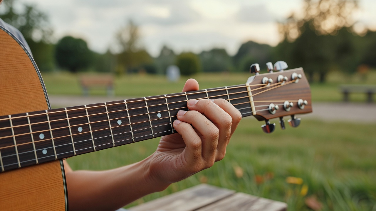 Close-up of a learner's hand fretting an open G chord on an acoustic guitar outdoors in soft daylight