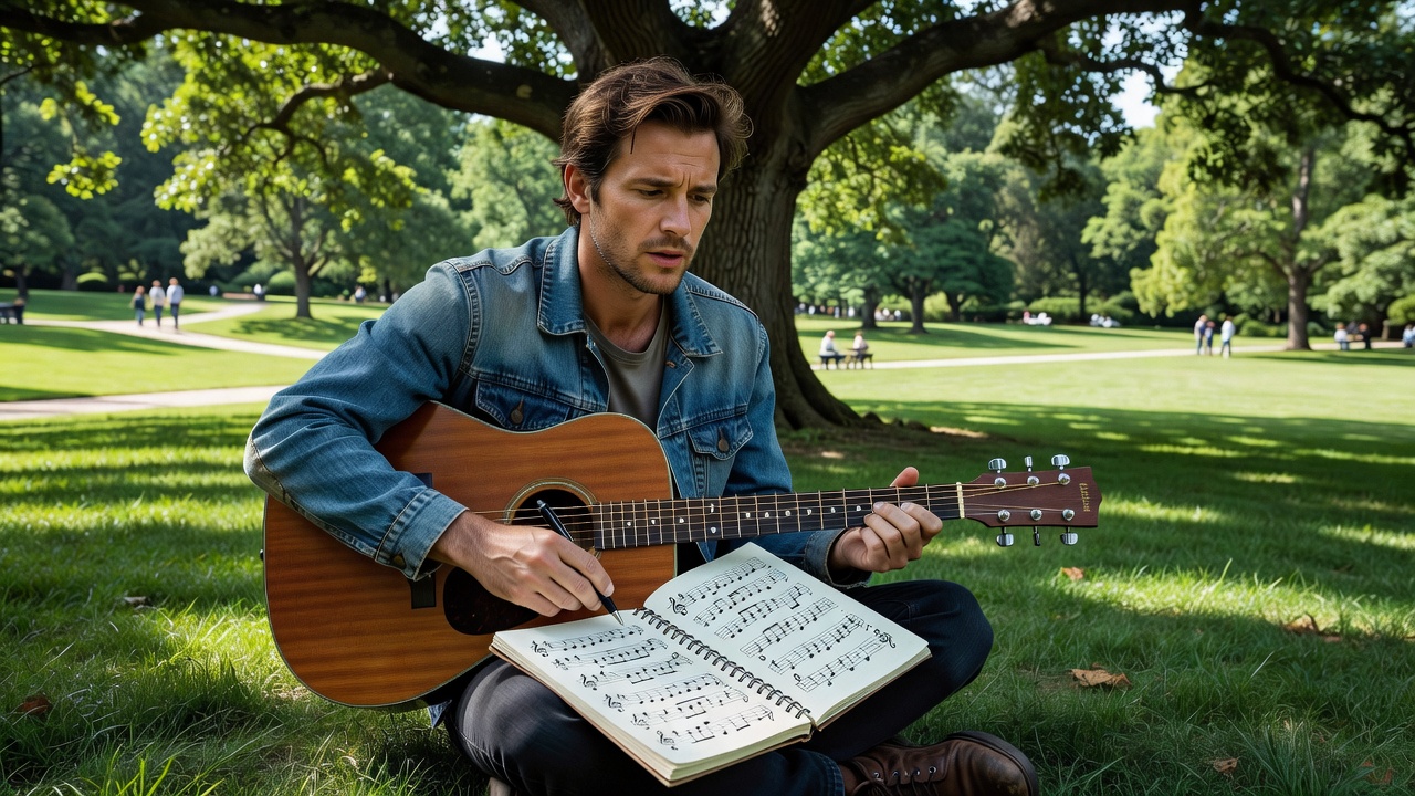 Songwriter sitting under a tree in a park, guitar across the lap, writing melody notes into a small notebook