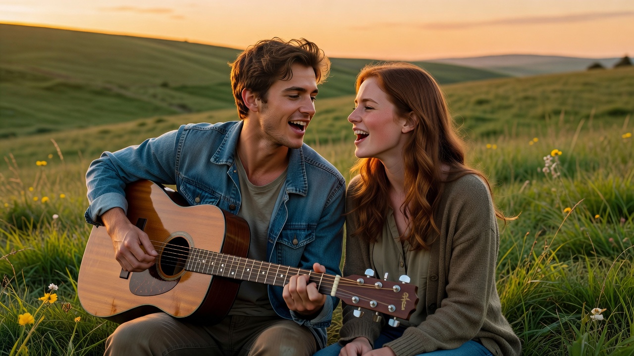 Two friends sitting close together on a grassy hill, one with an acoustic guitar, both singing toward each other