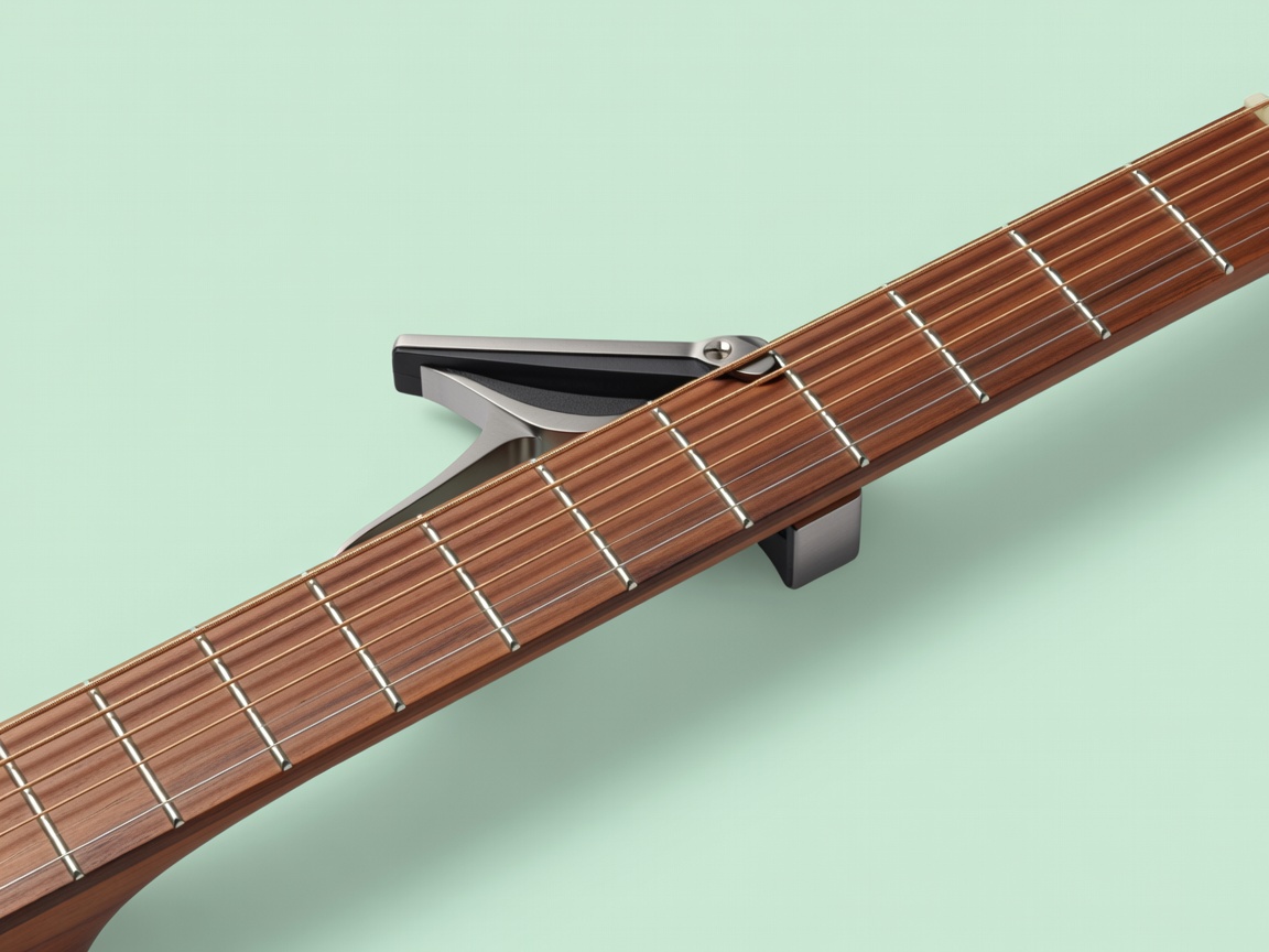 Soft-lit 3D render of an acoustic guitar neck with a capo clamped at the second fret on a plain mint background