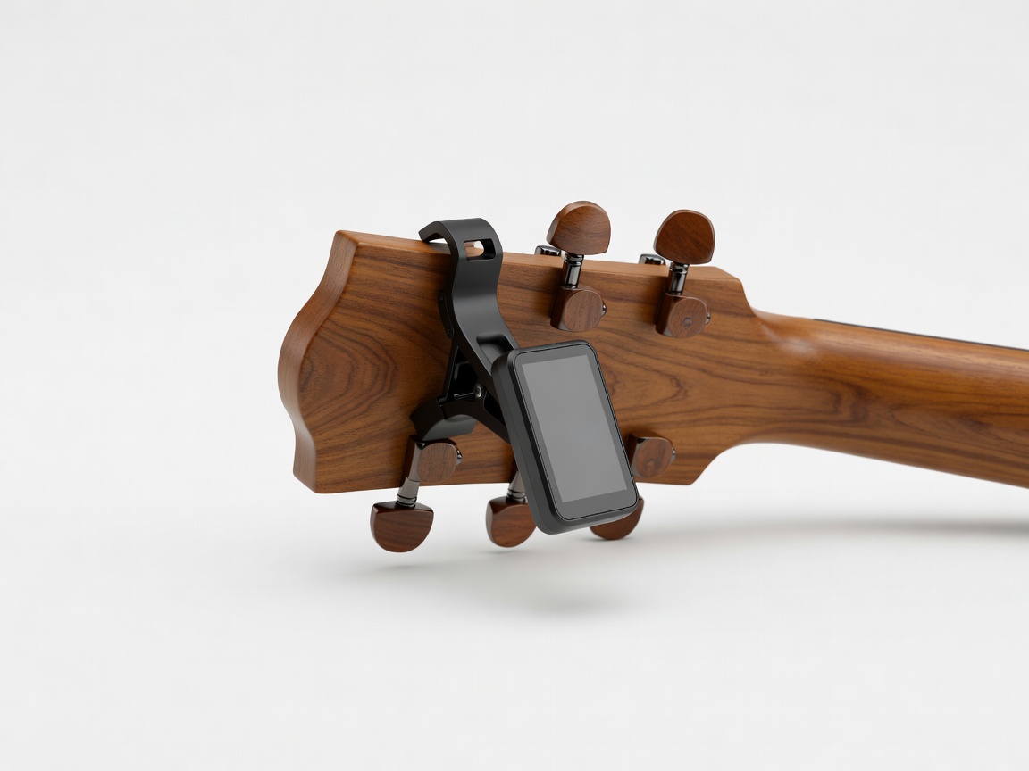 Soft-lit 3D render of a clip-on tuner attached to an acoustic guitar headstock on a plain white background