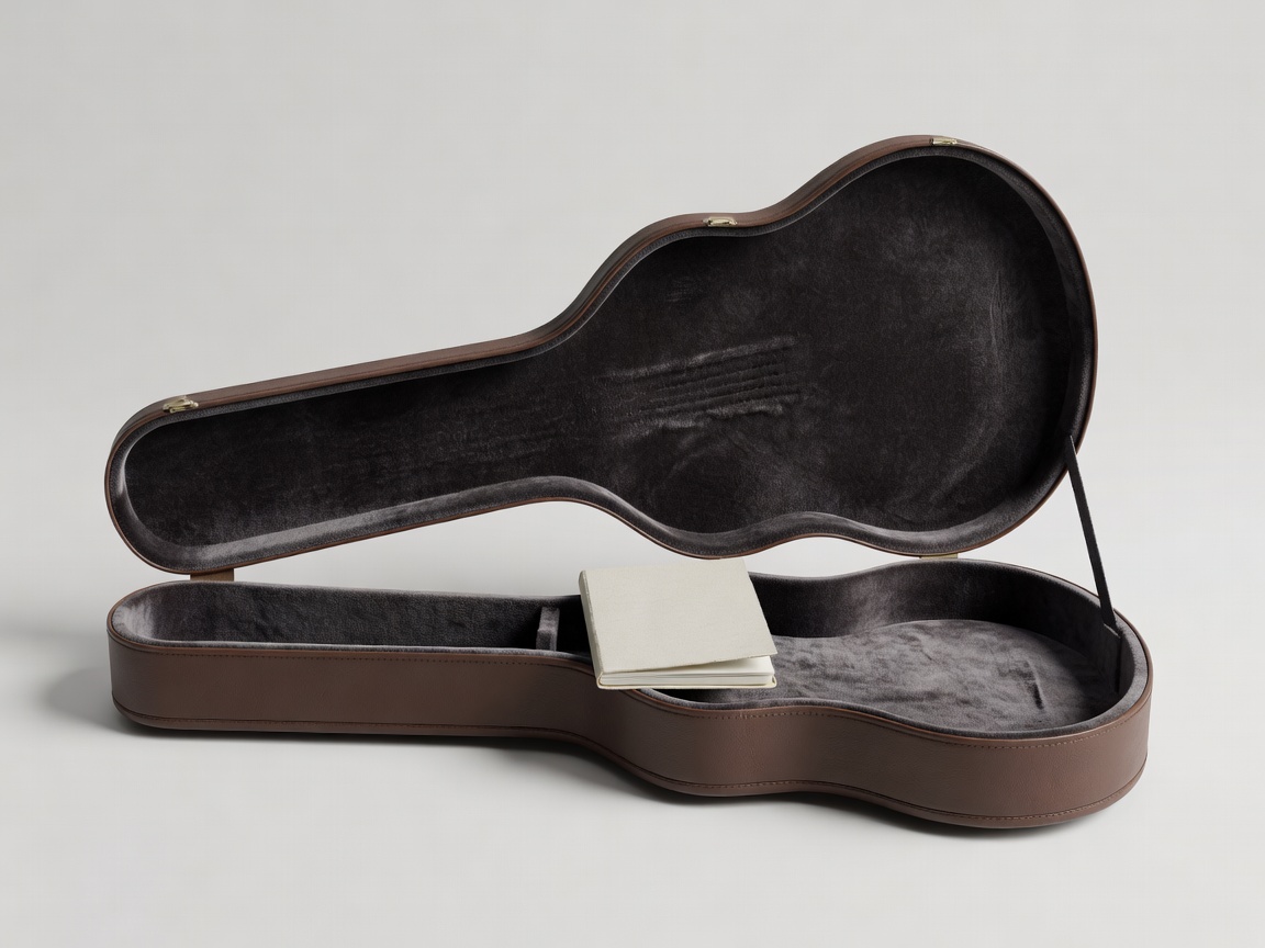 Soft-lit 3D render of an open guitar case with a small notebook resting inside on a plain white background