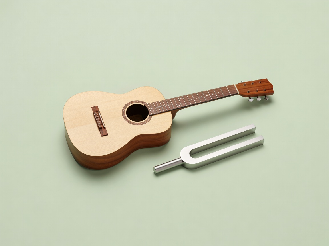 Soft-lit 3D render of a small parlour acoustic guitar next to a steel tuning fork on a plain pale green background
