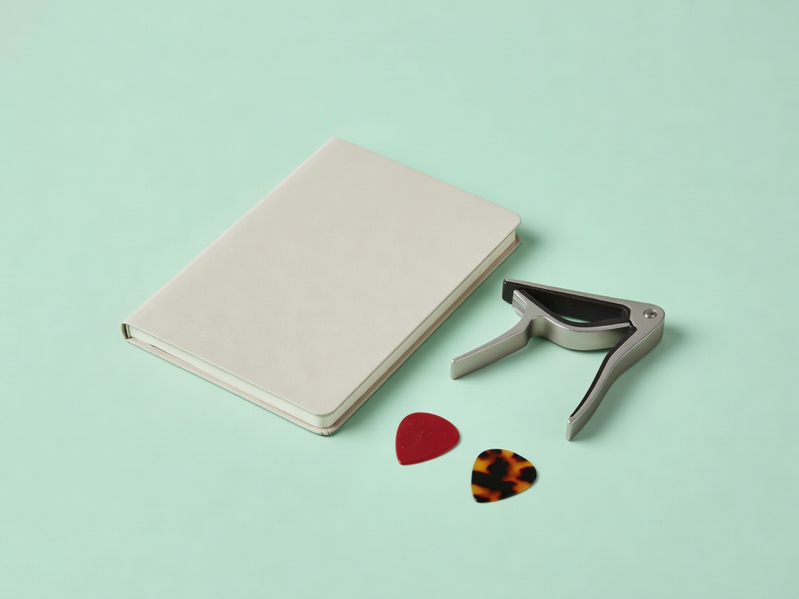 Soft-lit 3D render of a closed notebook, a capo and two guitar picks arranged neatly on a plain mint background