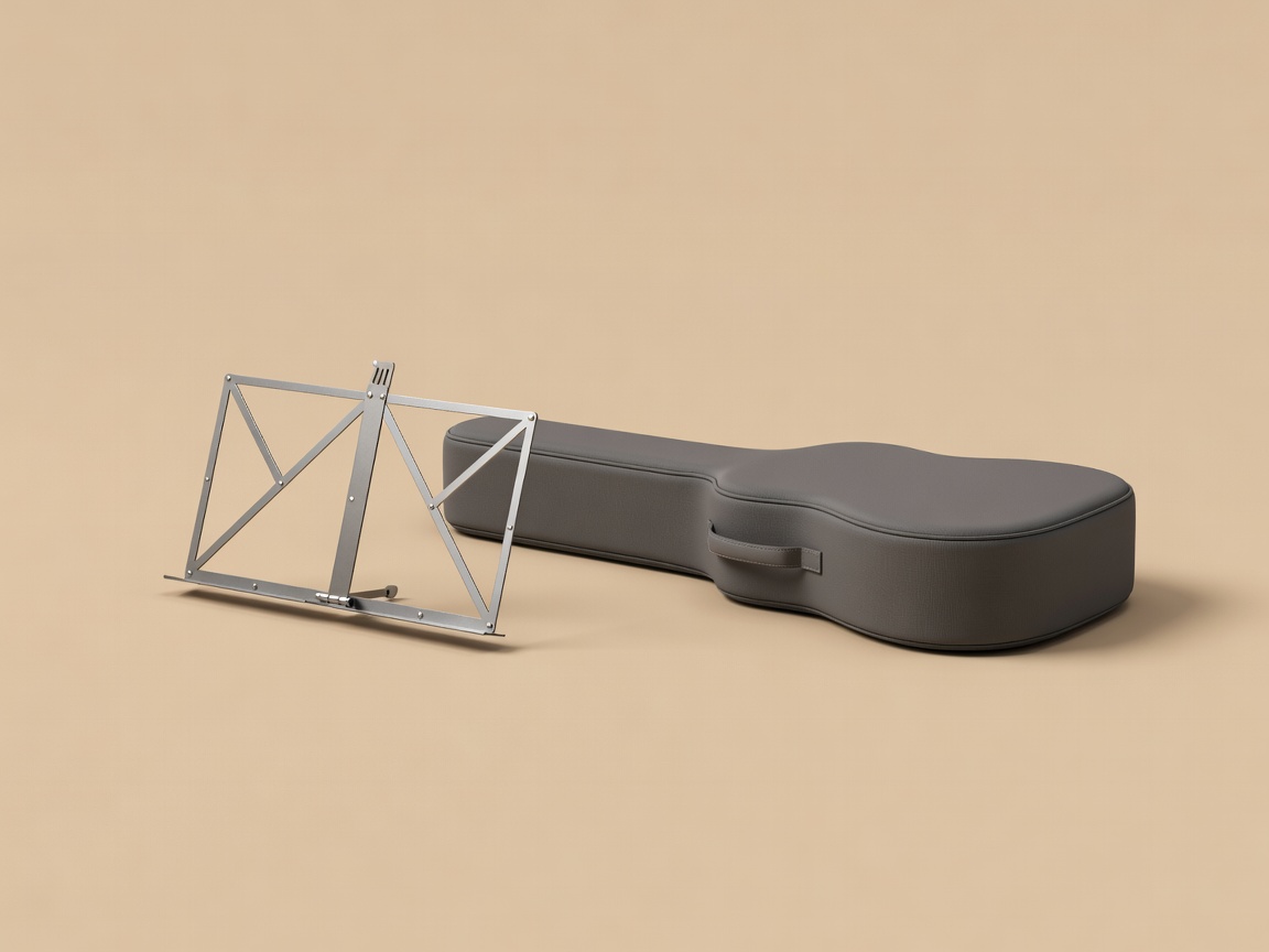 Soft-lit 3D render of a folded portable music stand and a compact soft guitar case on a plain sand-coloured background