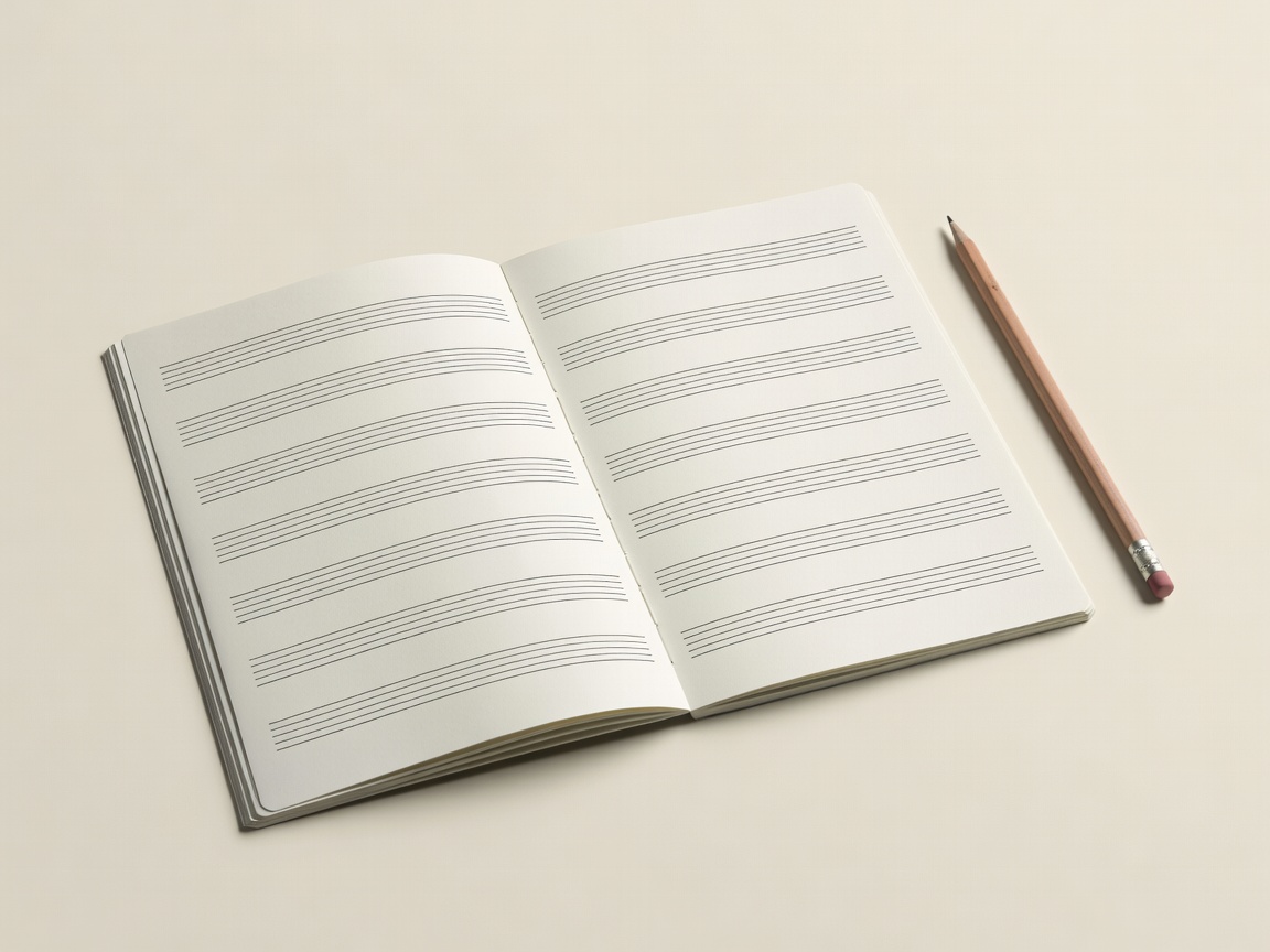 Soft-lit 3D render of an open notebook showing hand-drawn music staff lines beside a pencil on a plain cream background